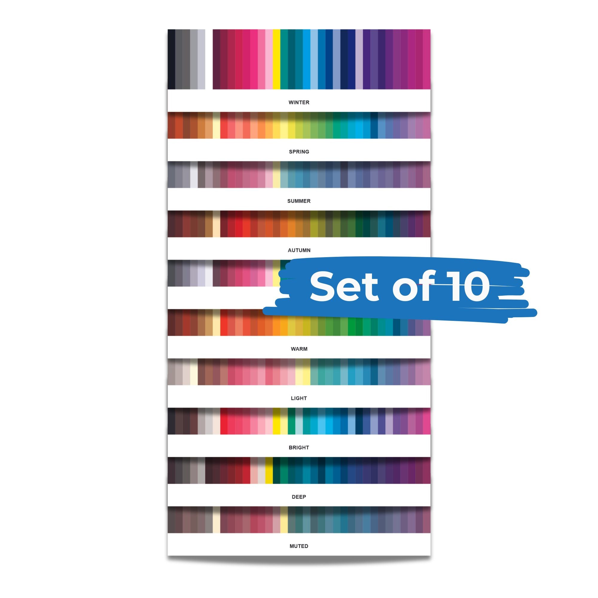 set of 10 color palette assessors used during a color analysis