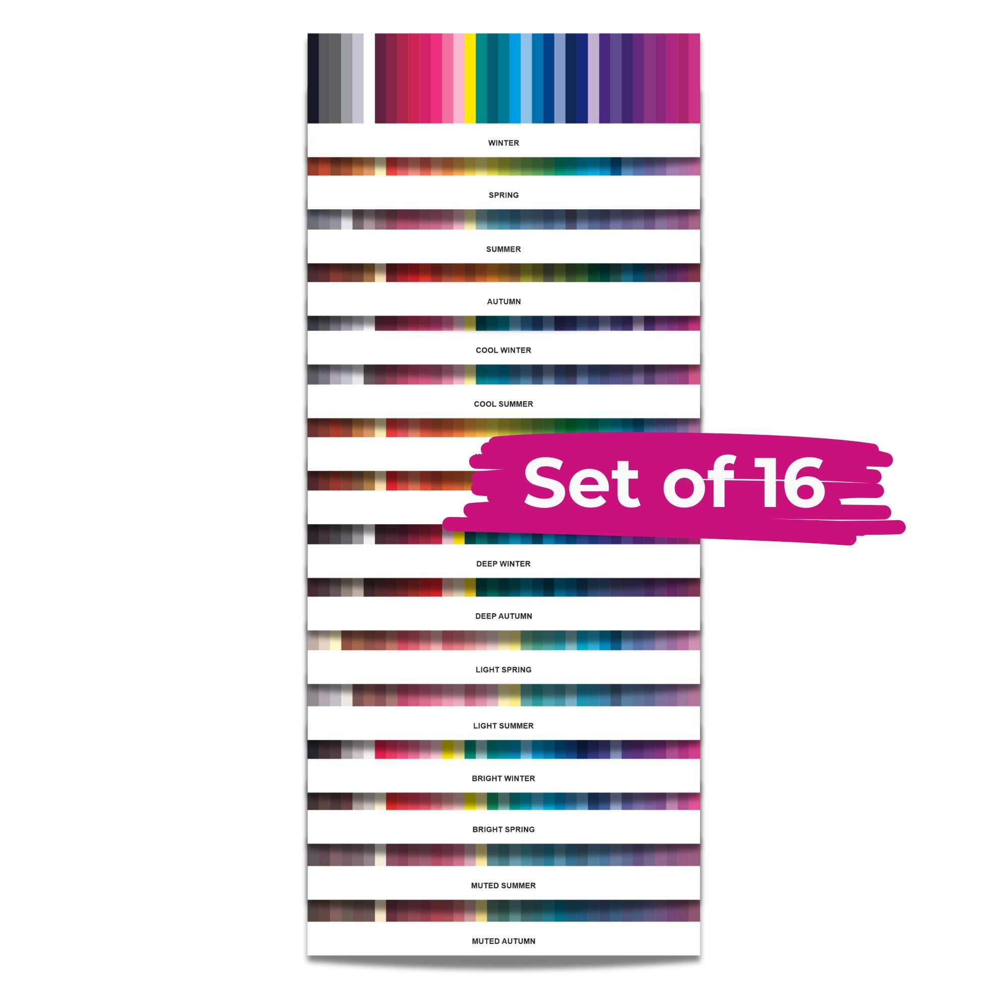 Set of 16 color palette assessors. These are a color analysis tool used by image consultants which include all the home seaons and subseasons in the 16 palette system.