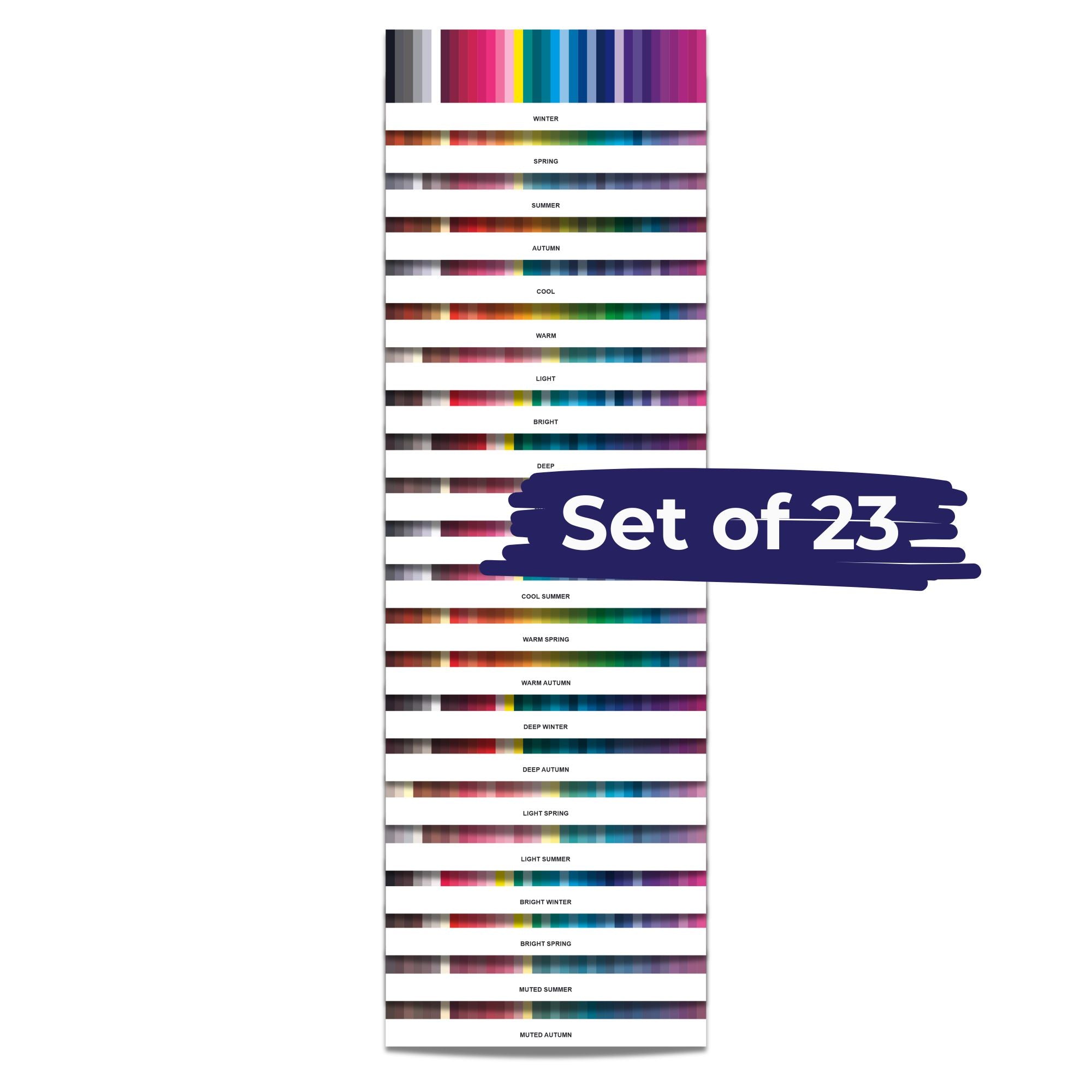 Set of 23 color palette assessors. These are a color analysis tool used by colour analysts which show all 23 color palettes.