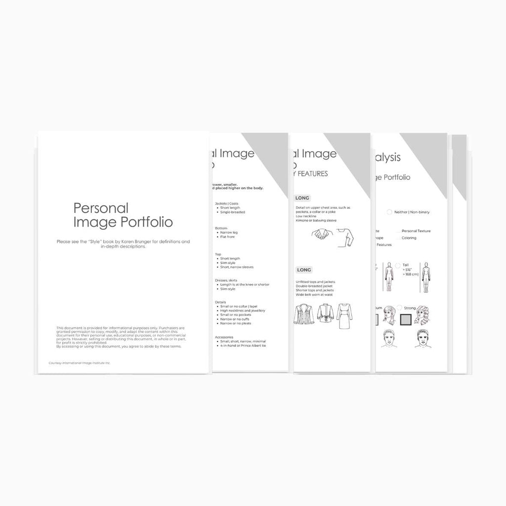 A photo of our personal image portfolio which is a guideline that stlyists and image consultants can use to help determine how to style clients. It's a style guide.