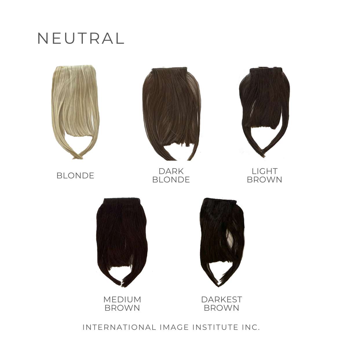 This photo shows our neutral hair bangs kits. These are used for colour analysis to show what hair colours suit someone with a neutral undertone. The hair colours include blonde, dark blonde, light brown, medium brown and darkest brown hair bangs.