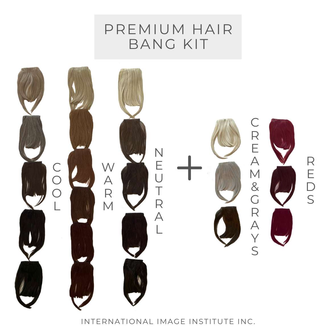 This photo shows our premium colour analysis hair bang kit. It includes hair bangs in warm, neutral and cool tones. These hair bangs are used in colour analysis to show clients what hair suits them.