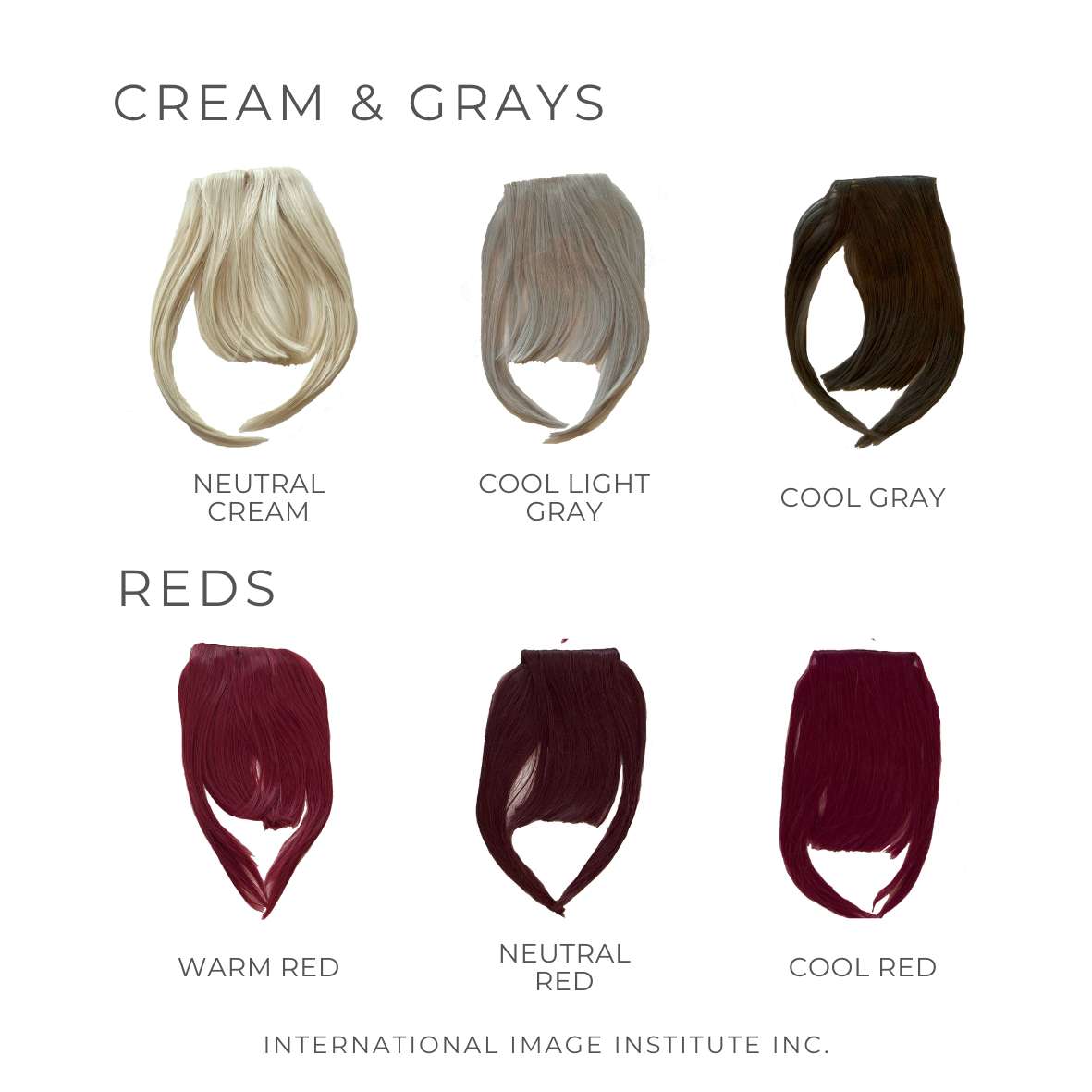 This photo includes our cream, gray and red hair bangs. These bangs are used in colour analysis to show which hair colours suit people with cool, neutral and warm undertones. These hair colours include: neutral cream, cool light gray, cool gray, warm red, neutral red, and cool red hair bangs.