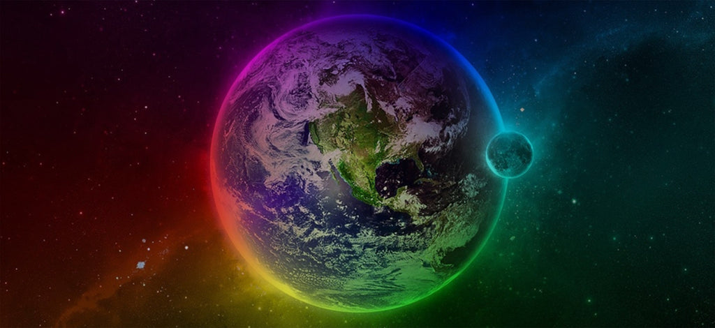 Space view of earth with rainbow coloured backlight